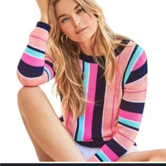 Lilly Pulitzer Daryn Sweater True Navy Island Jungle Multi Stripe Jumper Sz M - Picture 1 of 16